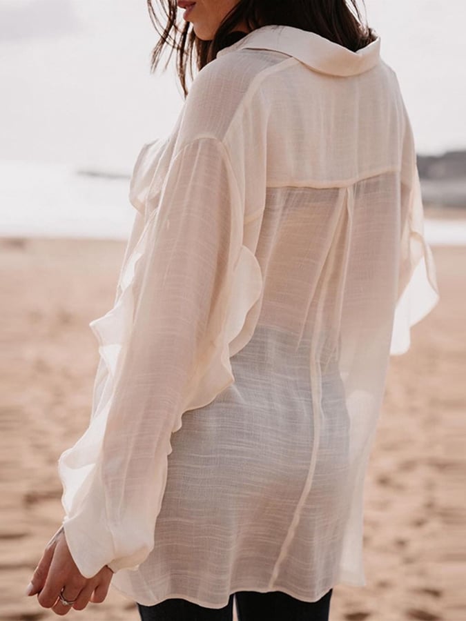 Women's Solid Color V-Neck Ruffled Sleeve Design Casual Cotton And Linen Shirt