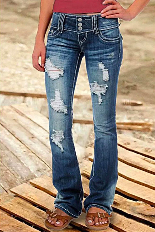 Heididress Button Down Distressed Ripped Jeans with Pockets