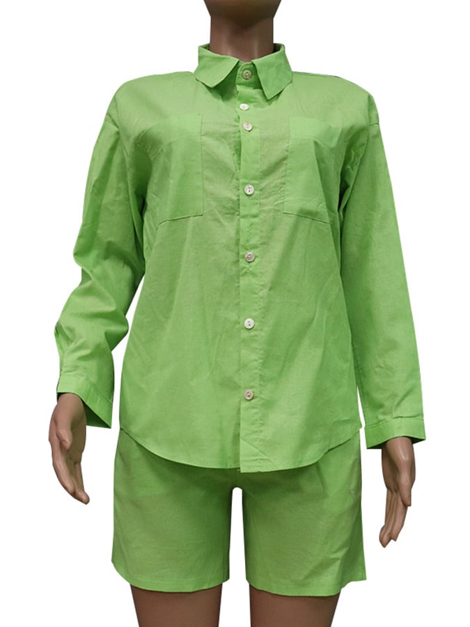 Women's Solid Color Simple Loose Casual Cotton And Linen Tops And Shorts Two-Piece Set