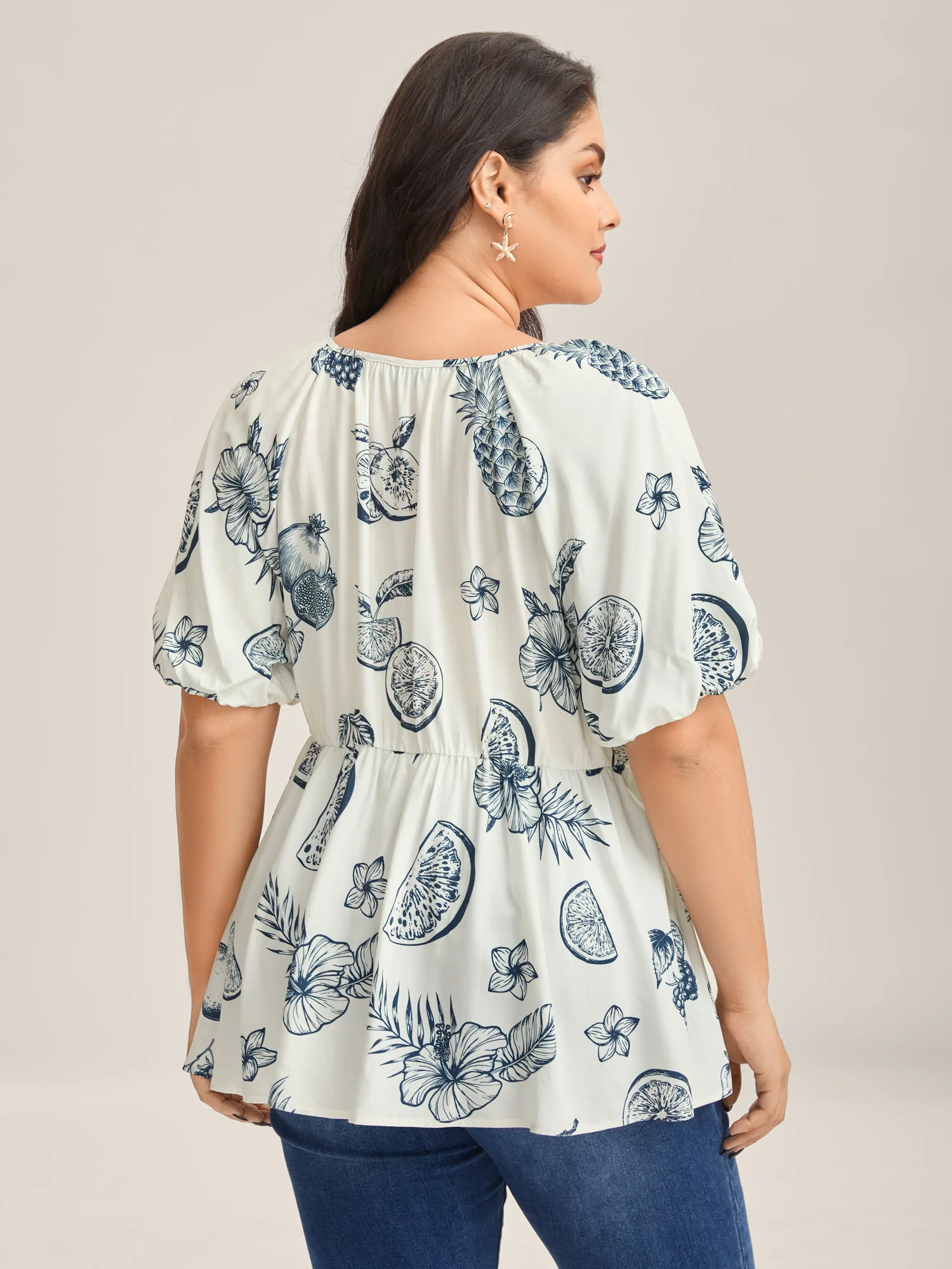 Fruity Print Bud Sleeve V-Neck Blouse