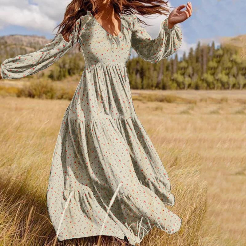 Vintage V Neck Floral Printed Long Sleeve Maxi Dress