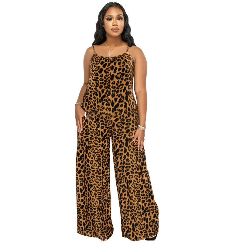 Plus Size New Jumpsuit Summer Leopard Print Sling Casual Jumpsuit