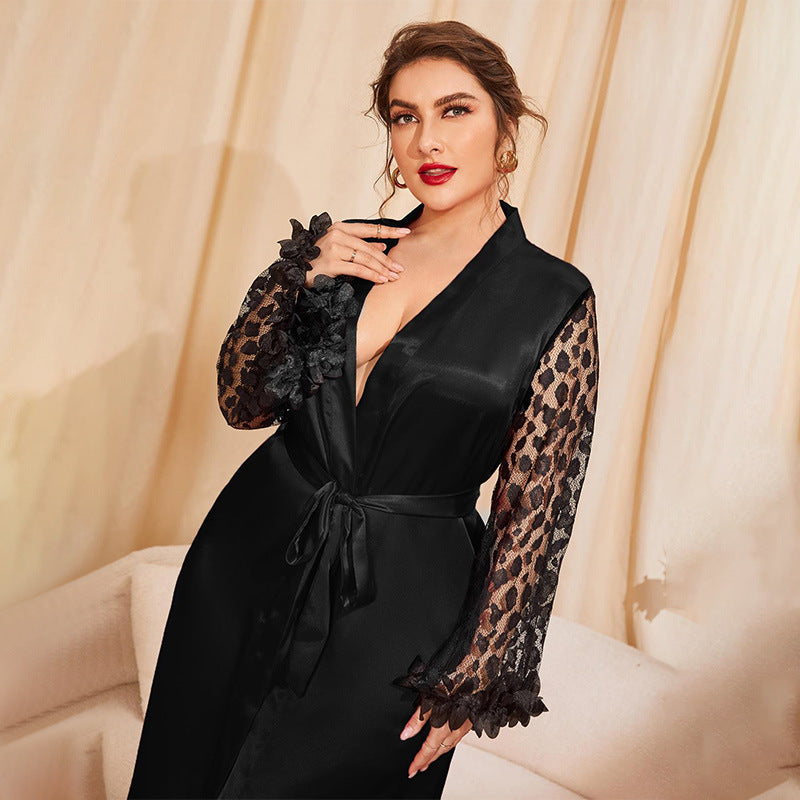 Plus Size Silk Pajamas Women Summer Sexy Lace Kimono Pajamas Loose Casual Nightgown