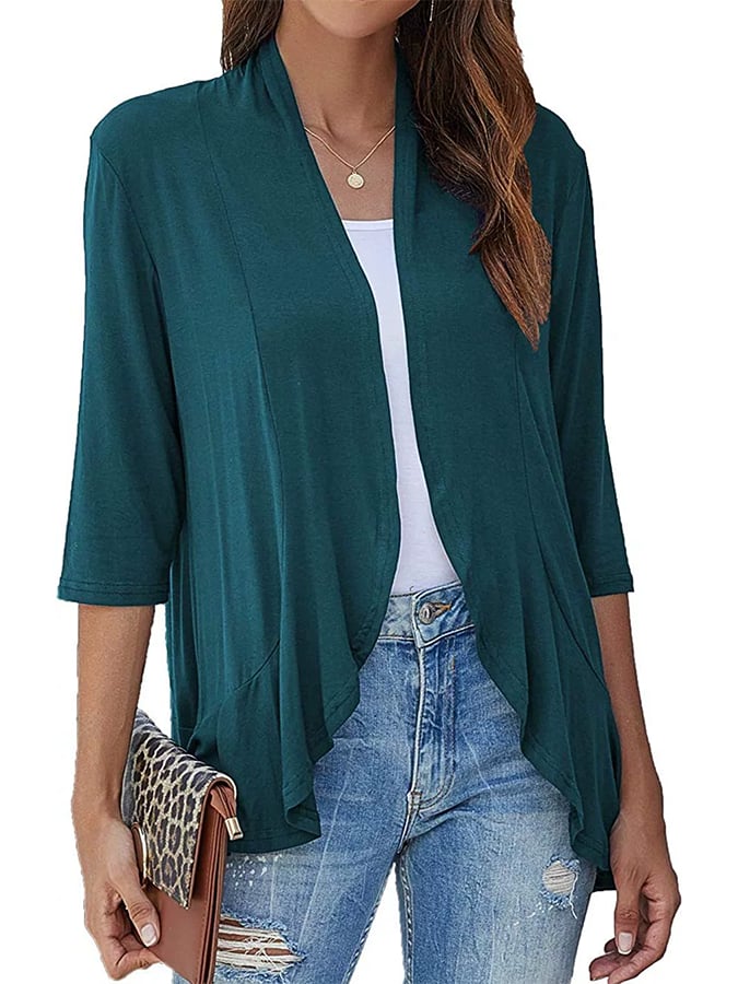 Women's Three-Quarter Sleeve Ruffle Solid Color Cardigan Jacket