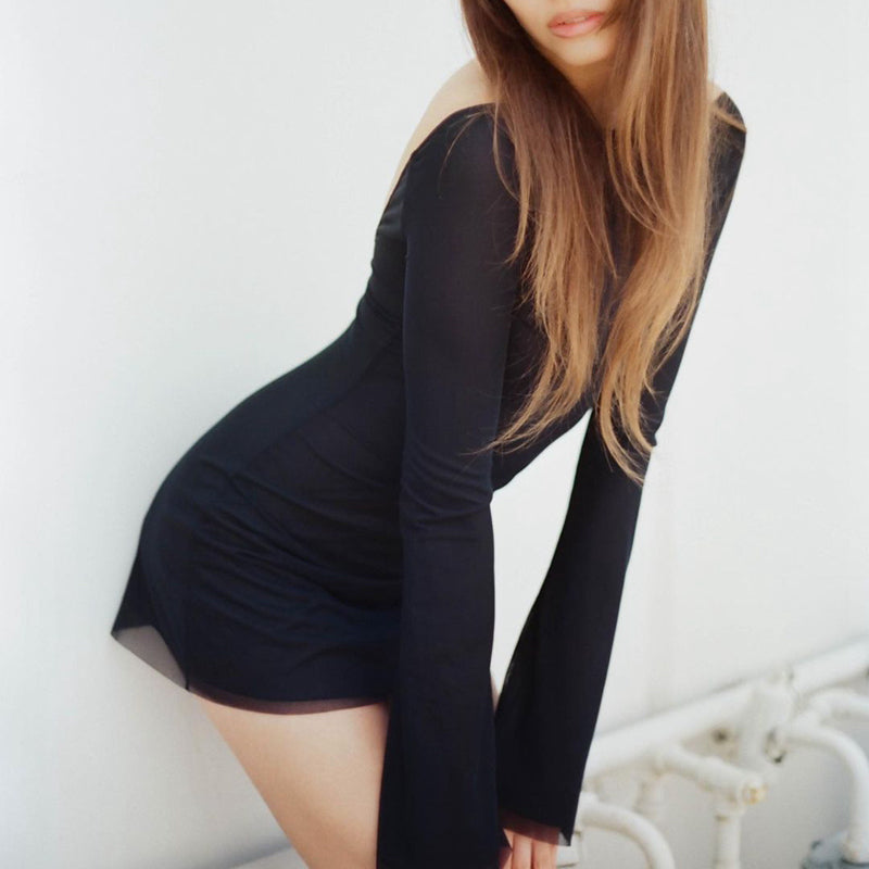 New Long Sleeved Double Mesh Lace See-through Dress