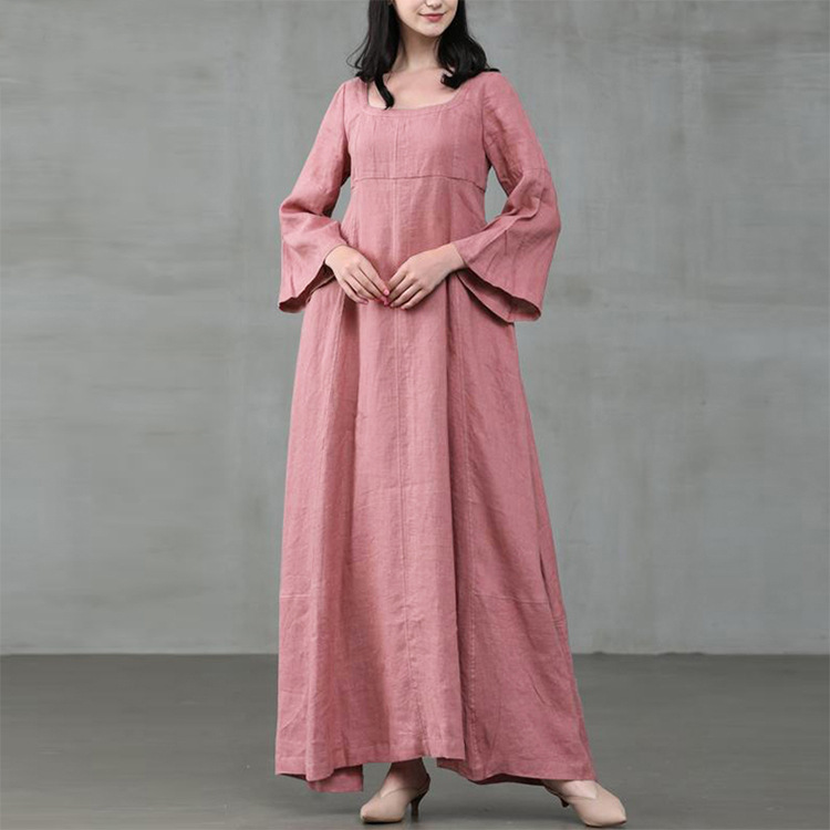 Vintage Round Neck Plain Long Sleeve Maxi Dress
