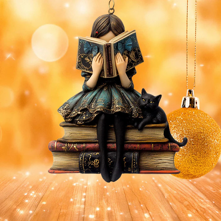 Reading Girl With Black Cat Ornament