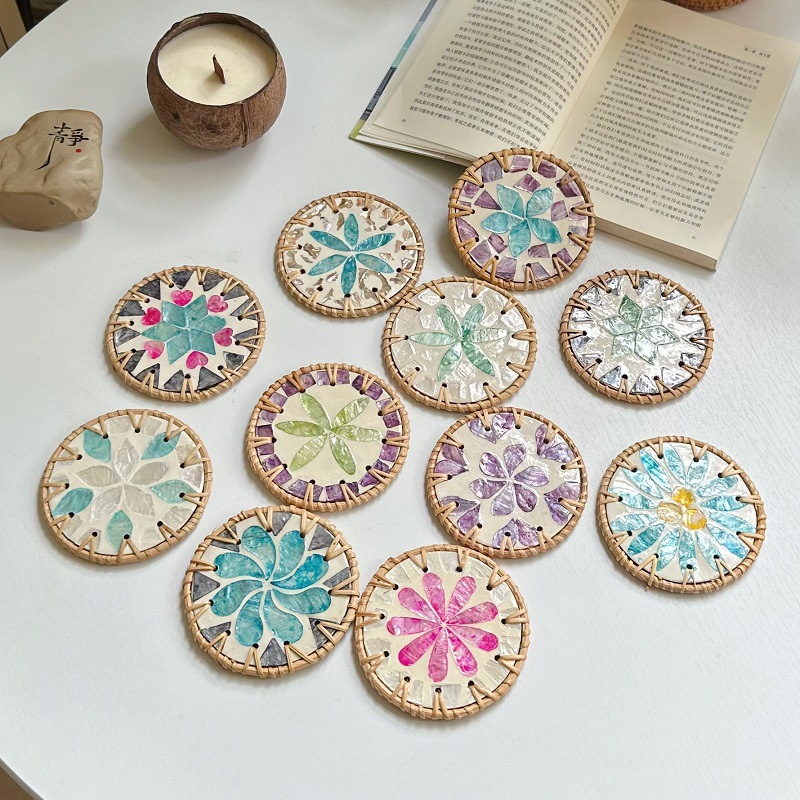👍Last Day Promotion 60% OFF💥Handmade rattan and bamboo coasters, Shell heat-insulated round coasters, Household desktop tea coasters, Anti-scalding bowl coasters - BUY 5 FREE SHIPPING