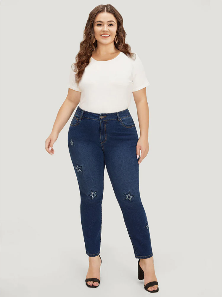 Very Stretchy High Rise Medium Wash Star Embroidery Jeans