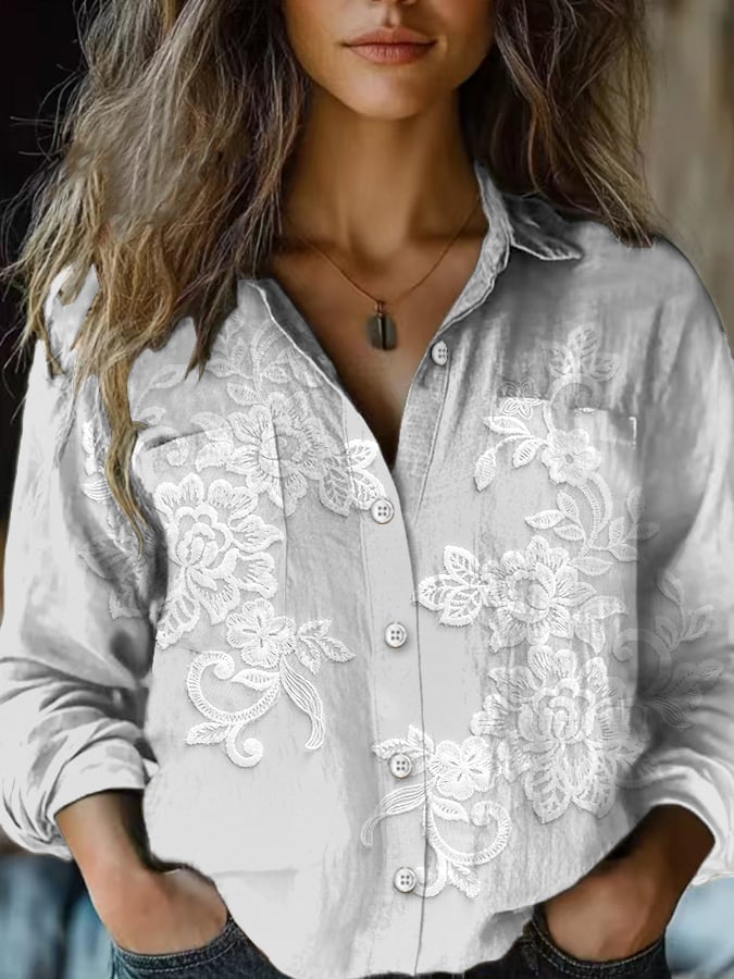 Women's Casual Vintage Floral Cotton and Linen Shirt