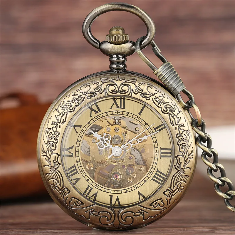 Antique Pocket Watch Men's Automatic Mechanical Watches Half Hunter Case Roman Number Display Clock with Pendant Chain Reloj