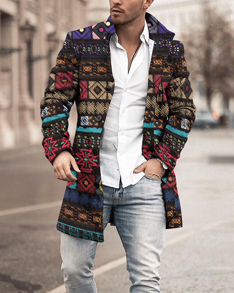 Vintage Ethnic Style Pattern Lapel Mid Length Coat