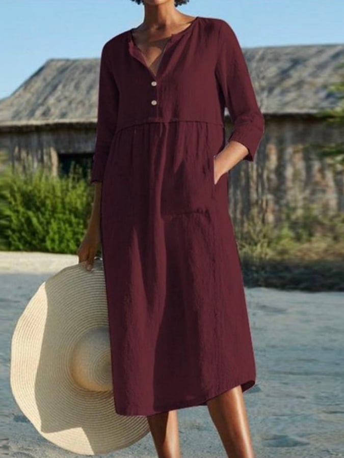 Round Neck Button Pocket Cotton Linen Medium Sleeve Solid Dress