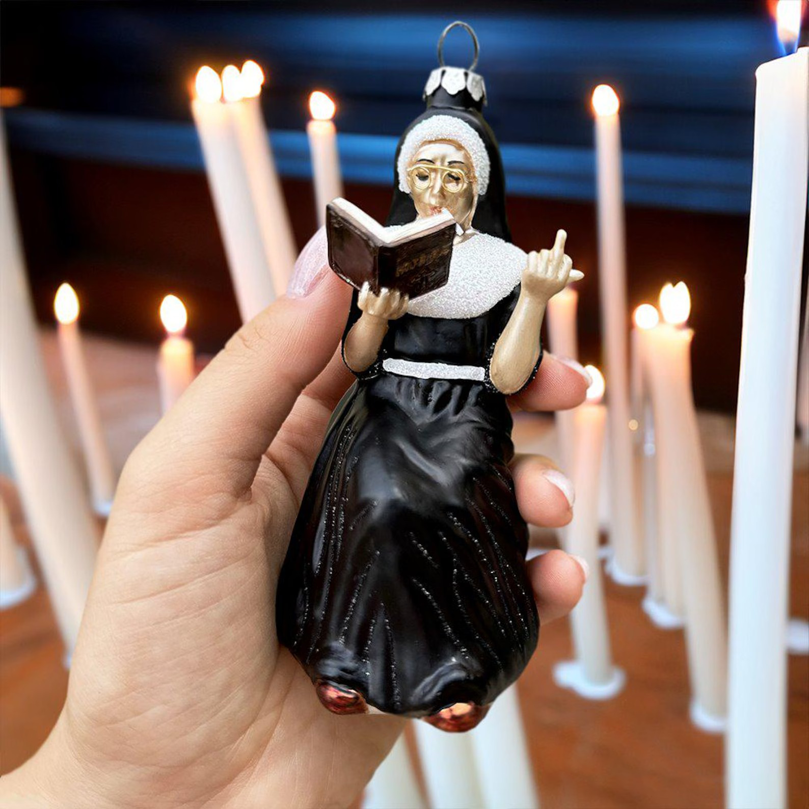 Eccentric Gothic Smoking Nun Glass Ornament