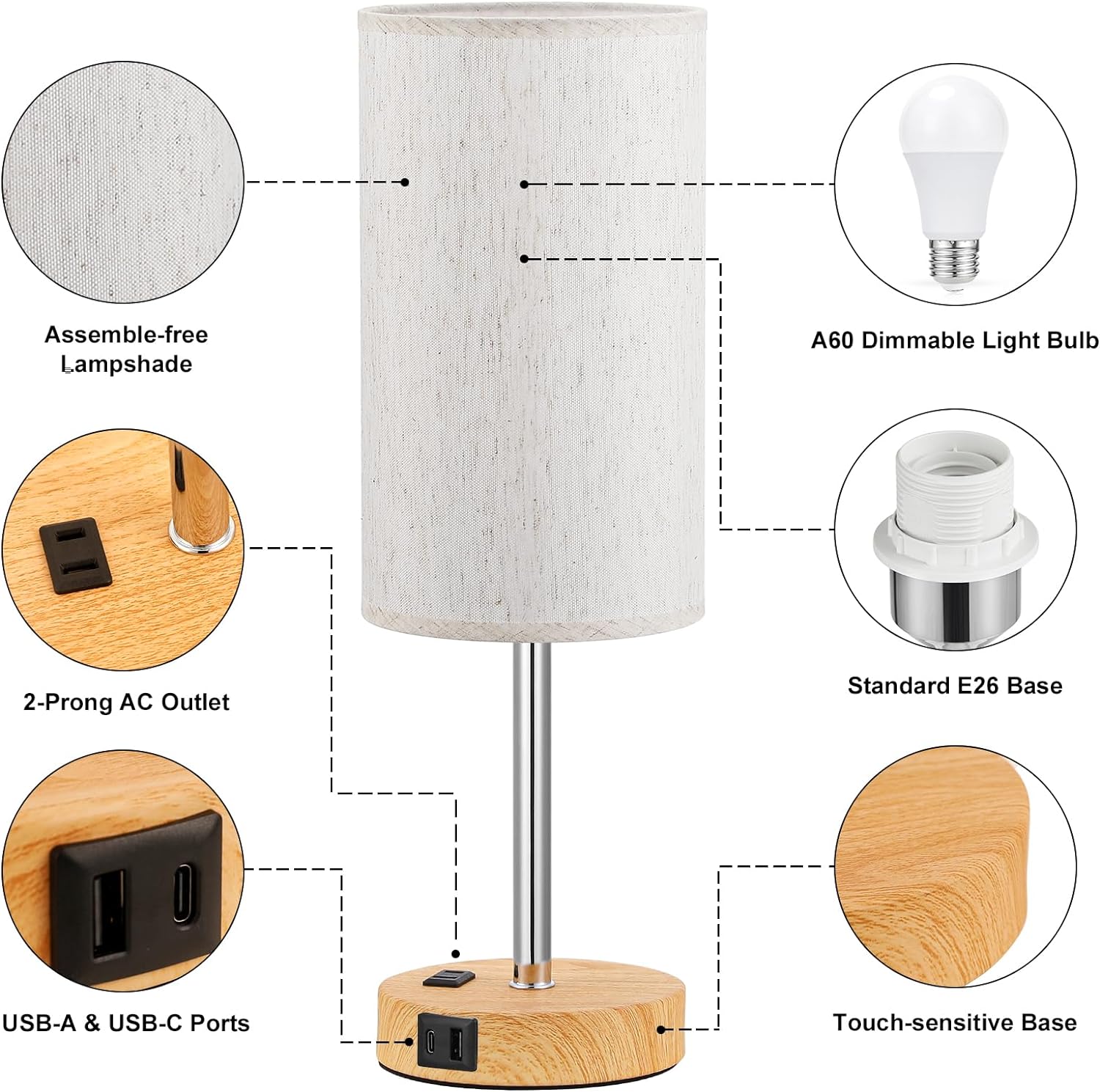 Bedside Table Lamp for Bedroom - 3 Way Dimmable Touch Lamp USB C Charging Ports and AC Outlet, Small Lamp Wood Base Round Flaxen Fabric Shade for Living Room, Desk, LED Bulb Included