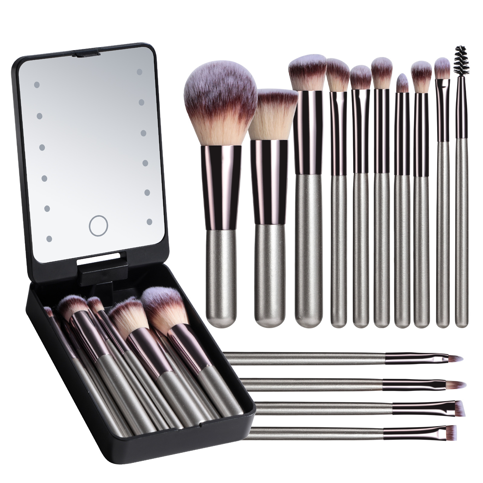 2025 NEW🔥Travel Makeup Brush Set With LED Light Mirror