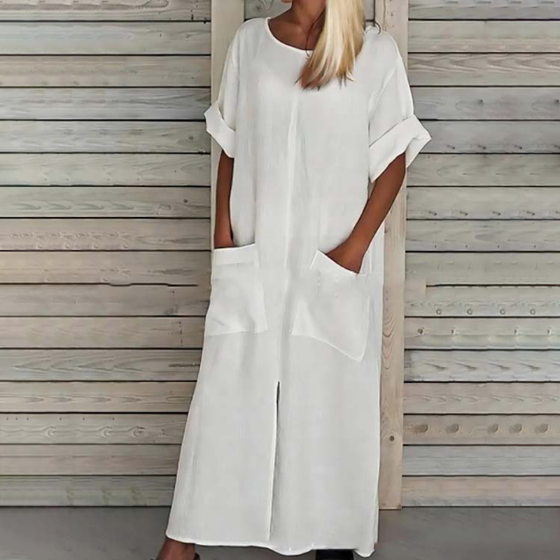 Loose Round Neck Short Sleeve Cotton Linen Pocket Midi Dress