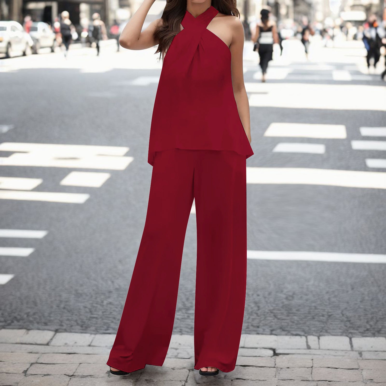 Solid Color Sleeveless Halter Top with V-neck and Elastic Waist Wide Leg Pants