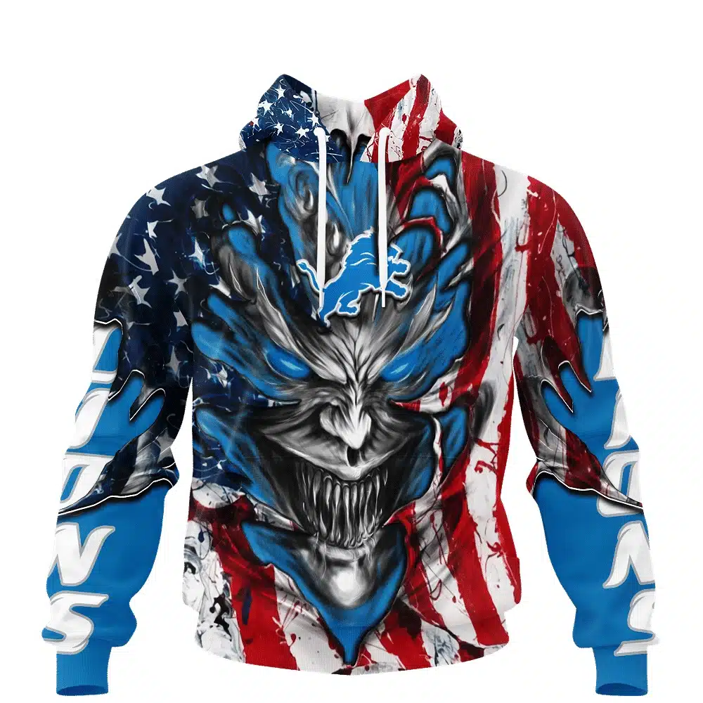 DETROIT LIONS DEMON FACE AMERICAN FLAG-3D UNISEX HOODIE