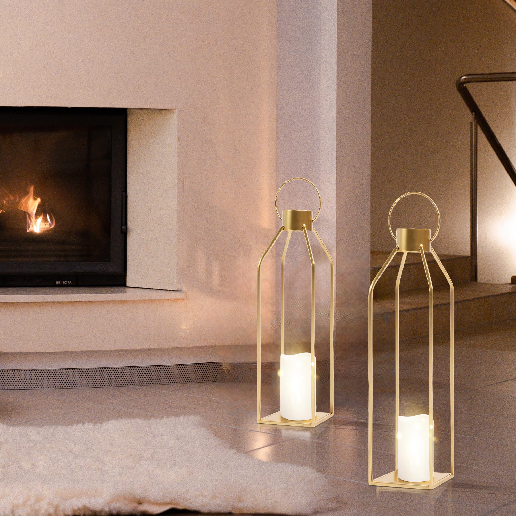 🔥22'' 19'' Large Metal Candle Lanterns with Timer Flickering Candles - Set of 2