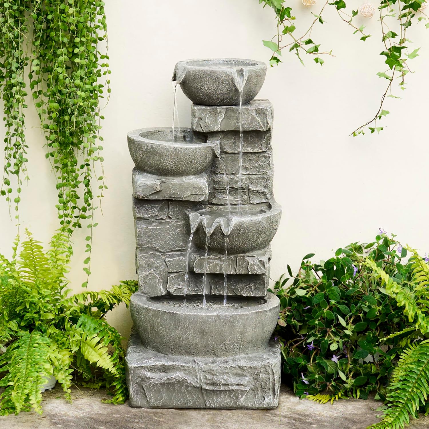 Teamson Home 33.25 inch Cascading Bowls and Stacked Stones LED Outdoor Water Fountain