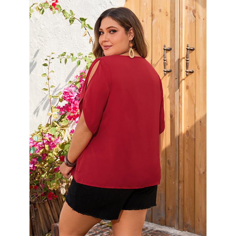 Plus Size Shirt Summer V neck Red Short Sleeve Top Loose Short Sleeve Shirt