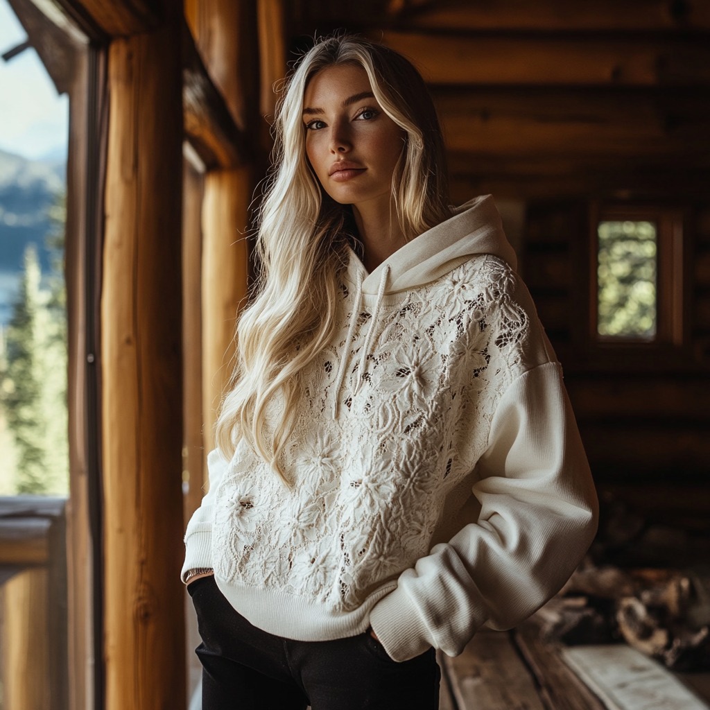Women's Floral Lace Embroidery Patchwork Art Hoodie