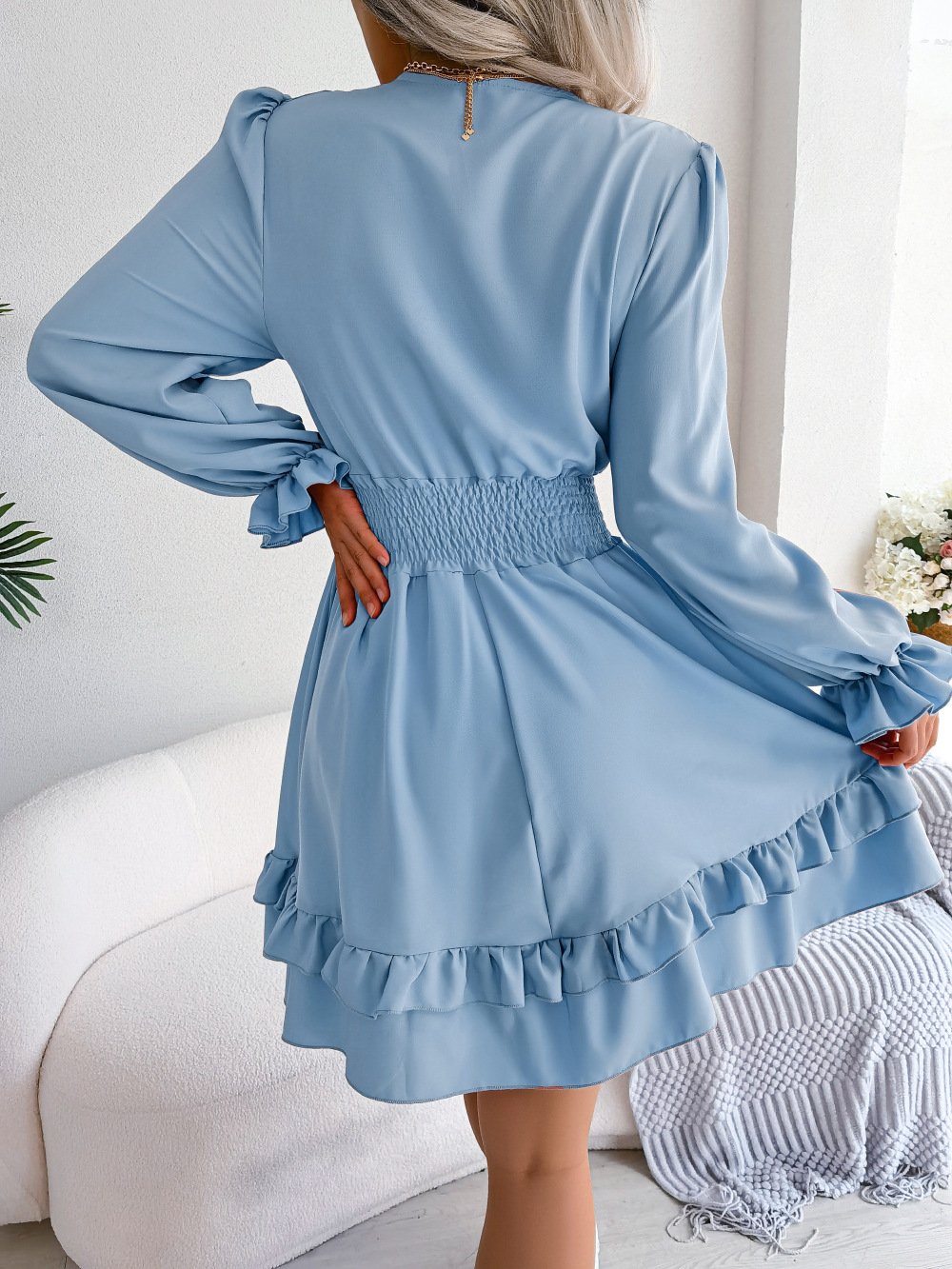 Avamo Ladies Short Dress V Neck Mini Dresses Lace Up Holiday Loose Sexy Long Sleeve
