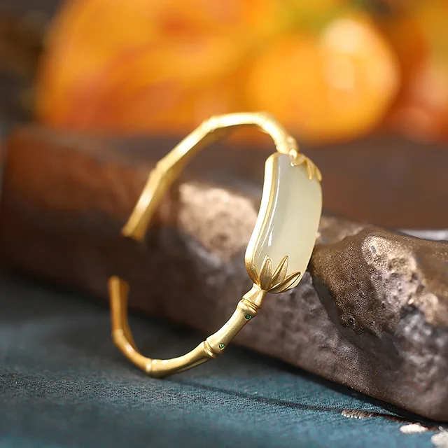 Natural Hotan Jade Luxury Bracelet For Women Gilded Bamboo Joint Vintage Bangles Fashion Jewelry Couples Gifts Free Shipping