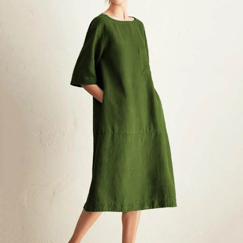 Vintage Plain Pocket Round Neck Short Sleeve Midi Dress