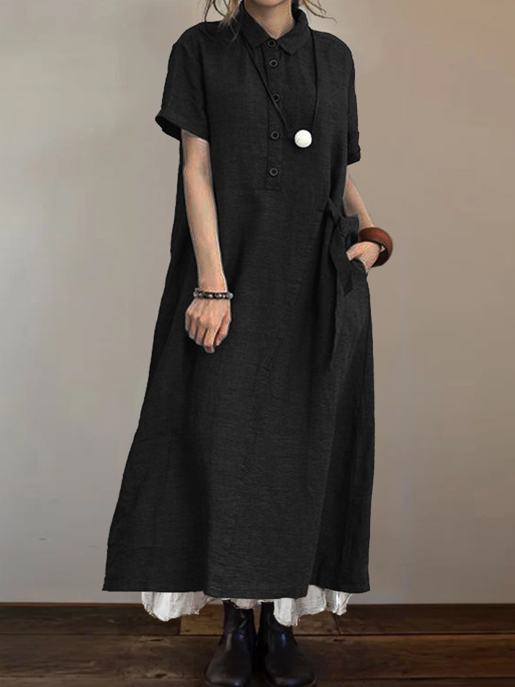 Side Tied Button Up A Line Maxi Dress