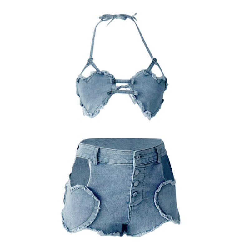 Sexy Halter Hollow Out Love Heart Denim Lingerie Set
