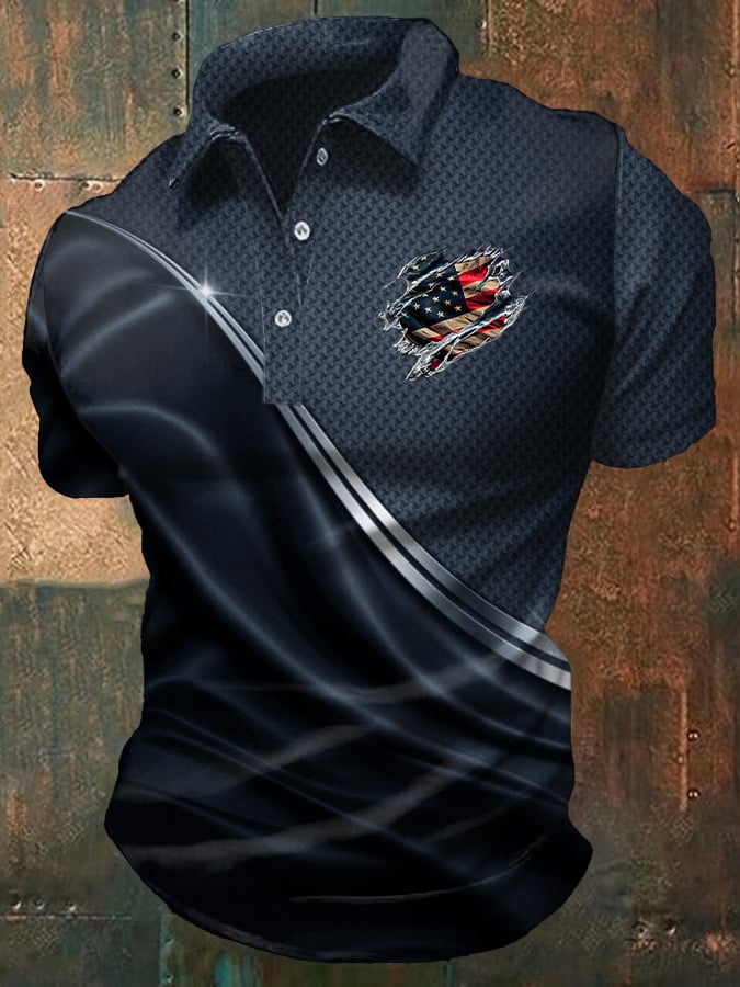 Men's Casual Independence Day Flag Print Polo Shirt