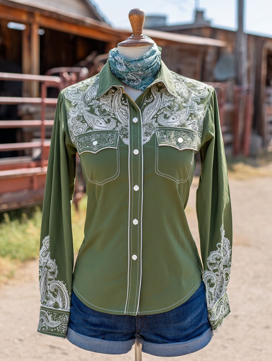 Women's Vintage Paley Print Western Long Sleeve Double Pocket Shirt