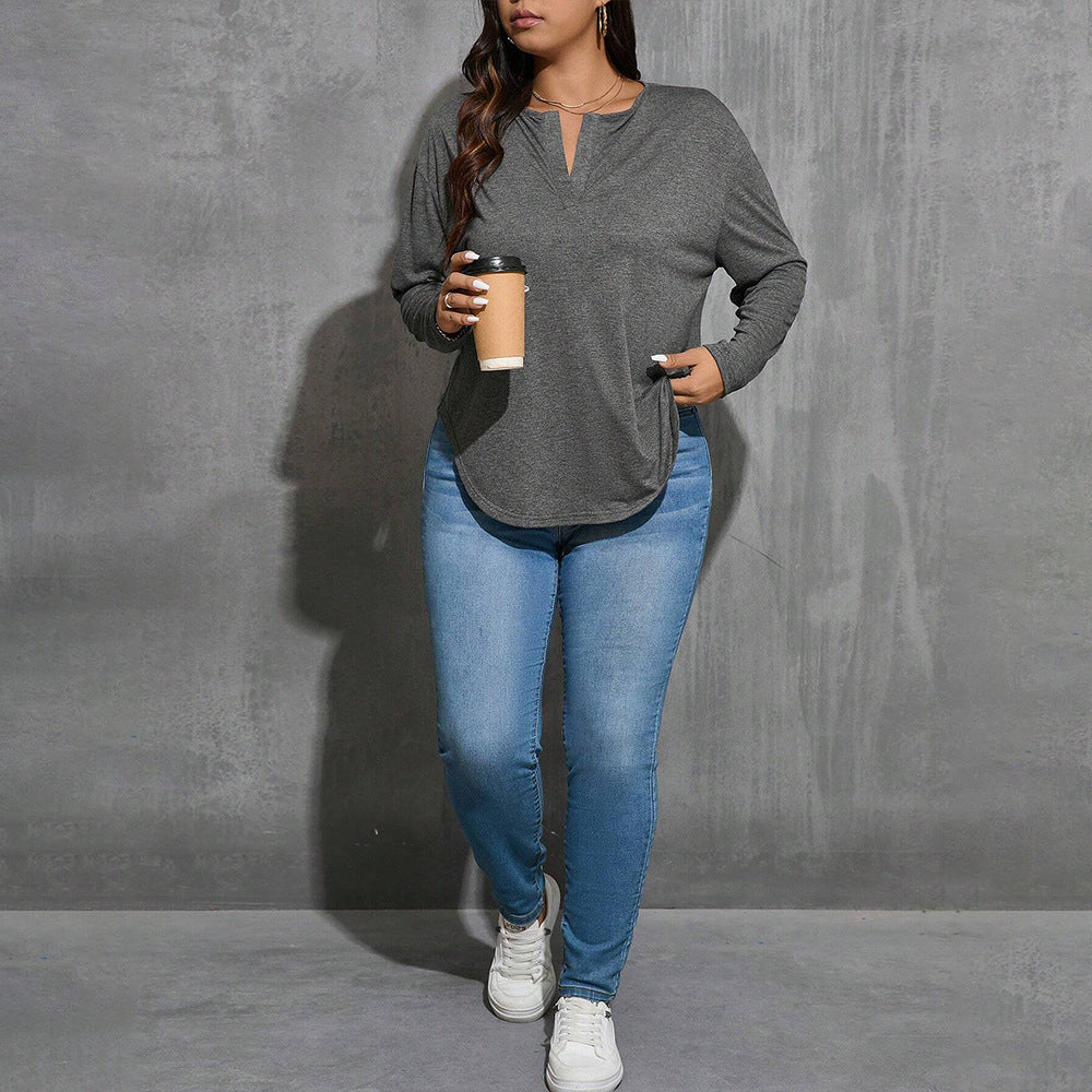Plus Size Women Clothing V neck Simplicity T shirt Autumn Winter Gray All Match Loose Slimming Bottoming Top