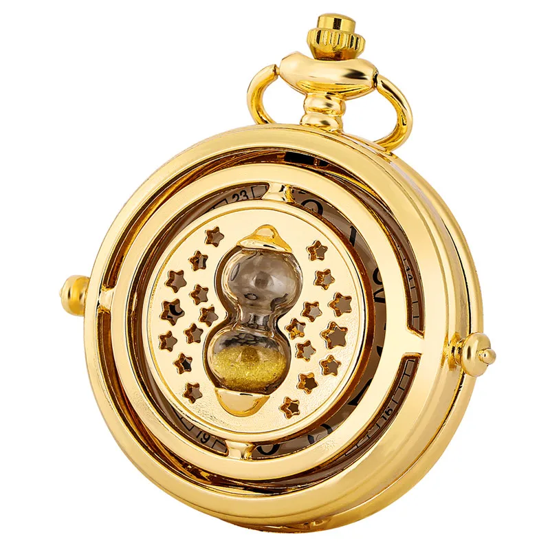 Luxury Golden Color Sandglass Design Unisex Quartz Analog Pocket Watch Fob Chain Arabic Number Timepiece Reloj De Bolsillo
