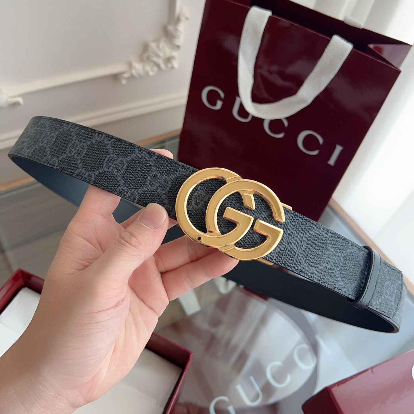 Gucci automatic smooth buckle double-sided cowhide belt width 3.5cm