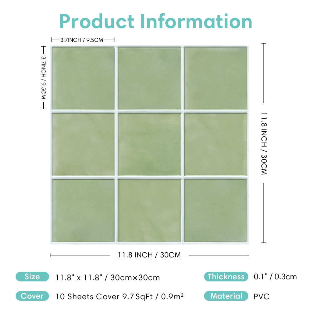 3D Sage Green Ceramic Square Peel and Stick Wall Tile