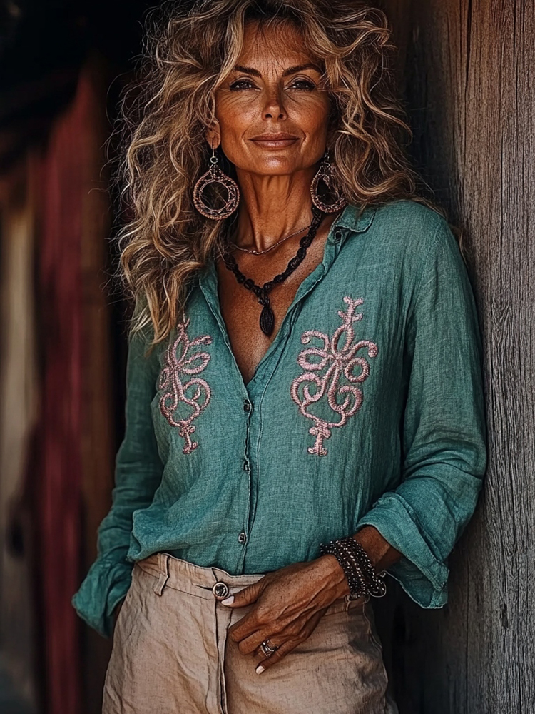 Vintage Greek Embroidered Long Sleeved Linen Blend Shirt