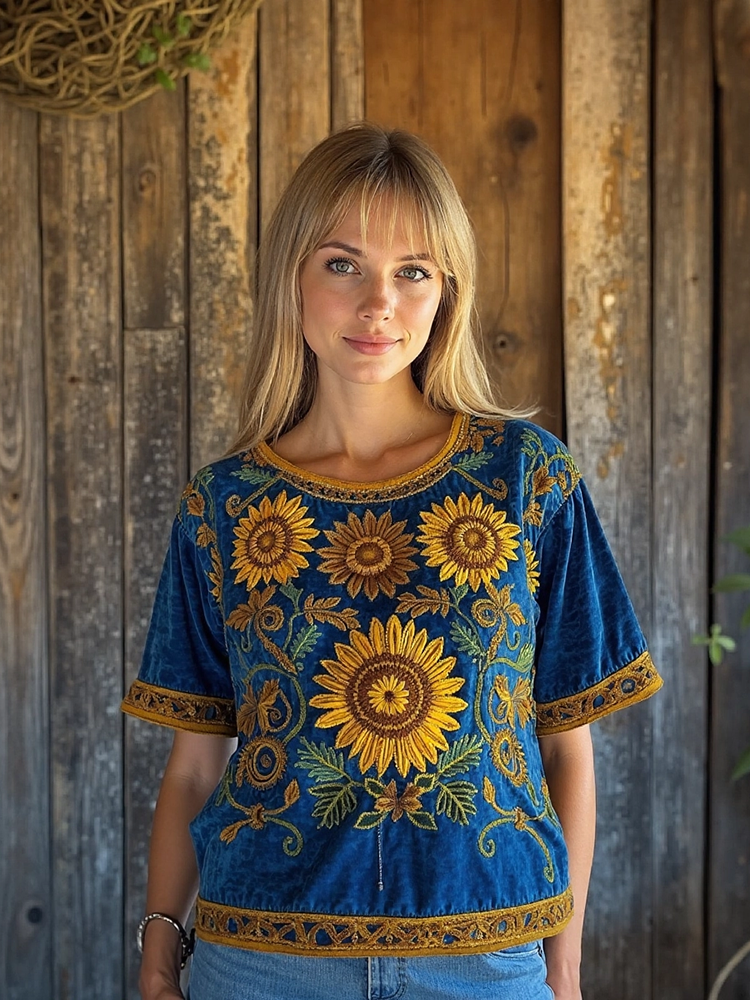 Vintage Sunflower Ethnic Floral Linen T-shirt