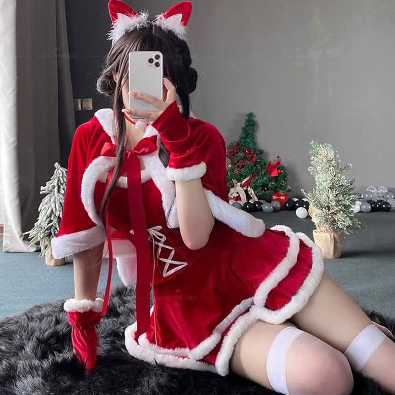 Christmas Bunny Ears Hooded Cloak Velvet Lingerie Set