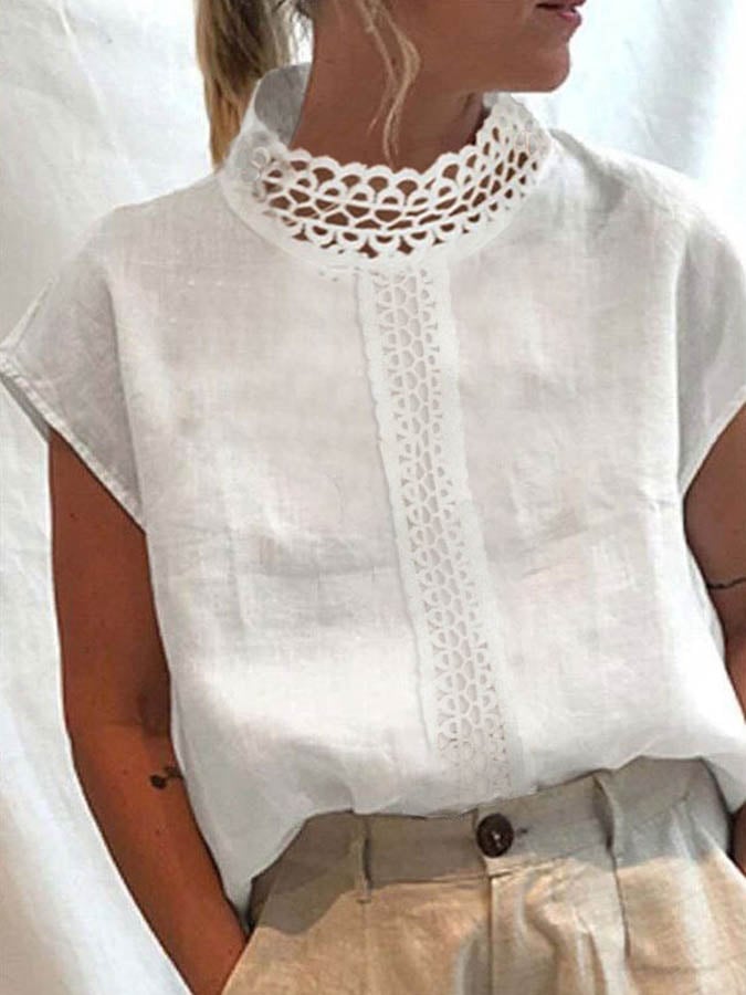 Women's Cotton Linen Lace Turtleneck Shirt