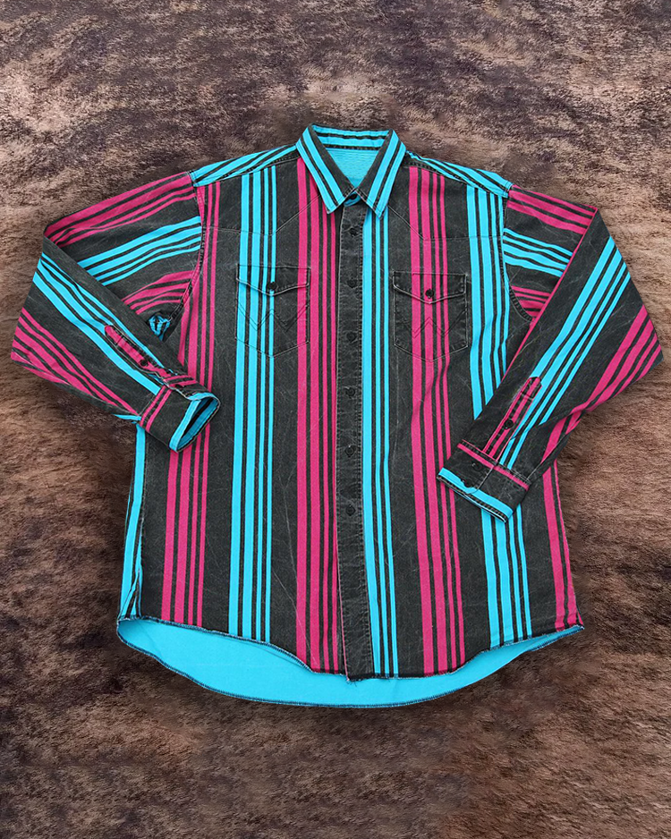 Men's Retro Casual Blue and Red Striped Shirt
