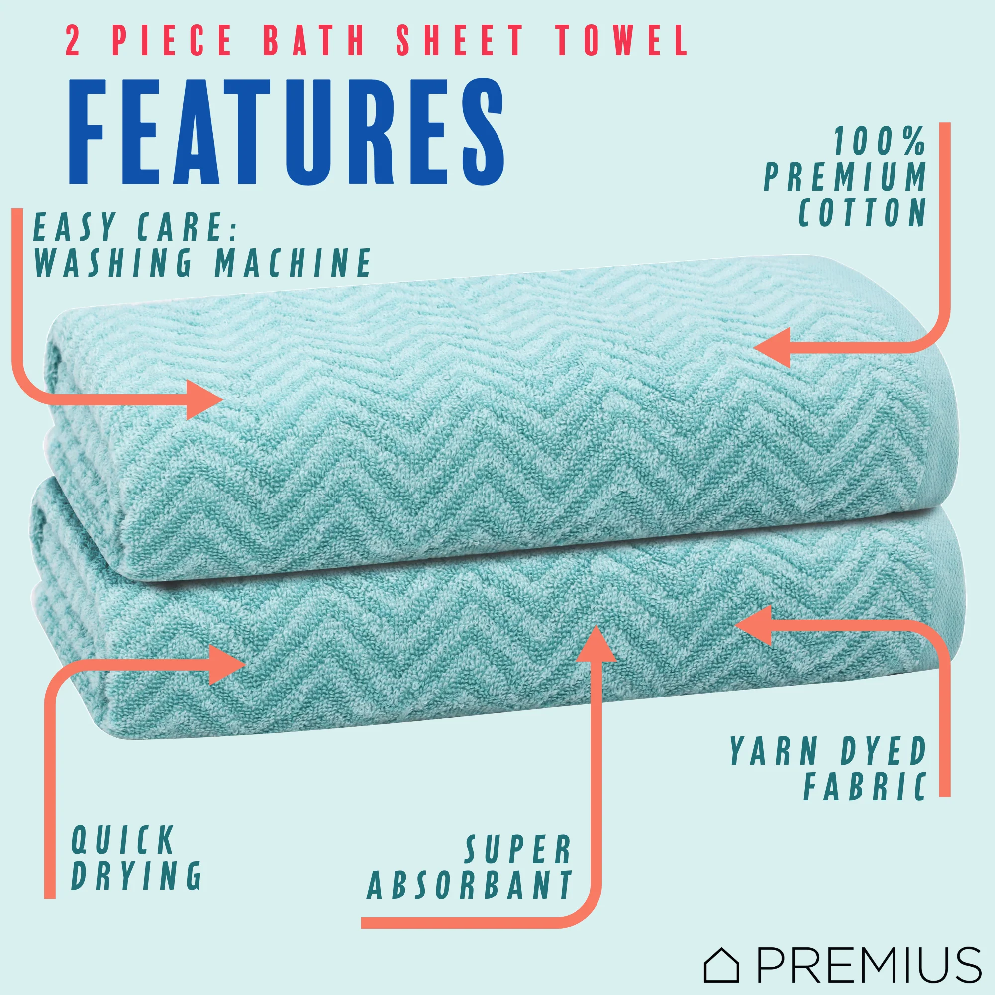 PREMIUS 2 Pack Chevron 100% Cotton Yarn Dyed Bath Sheet Towel, 32x64 Inches