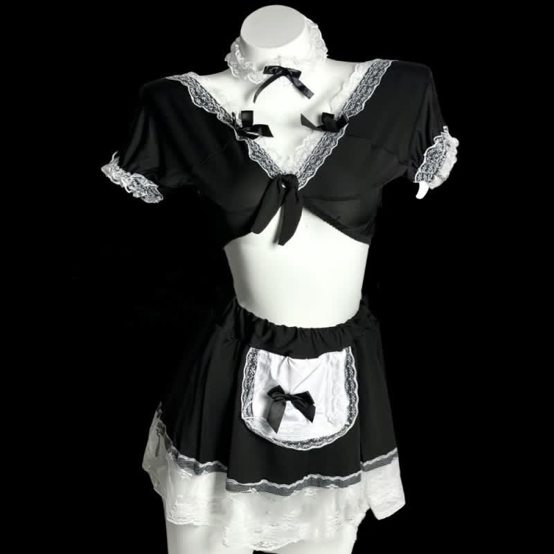 Puff Sleeve Lace Lingerie Pocket Lace A-line Skirt Stockings Set