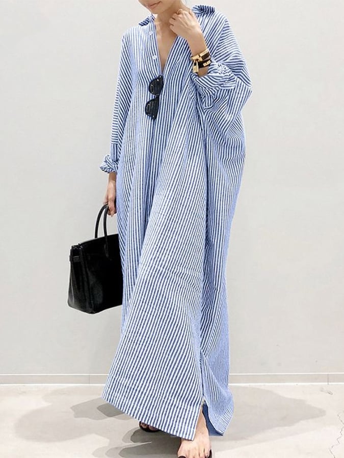 Women's Cotton Linen Loose Striped Shirt Dress