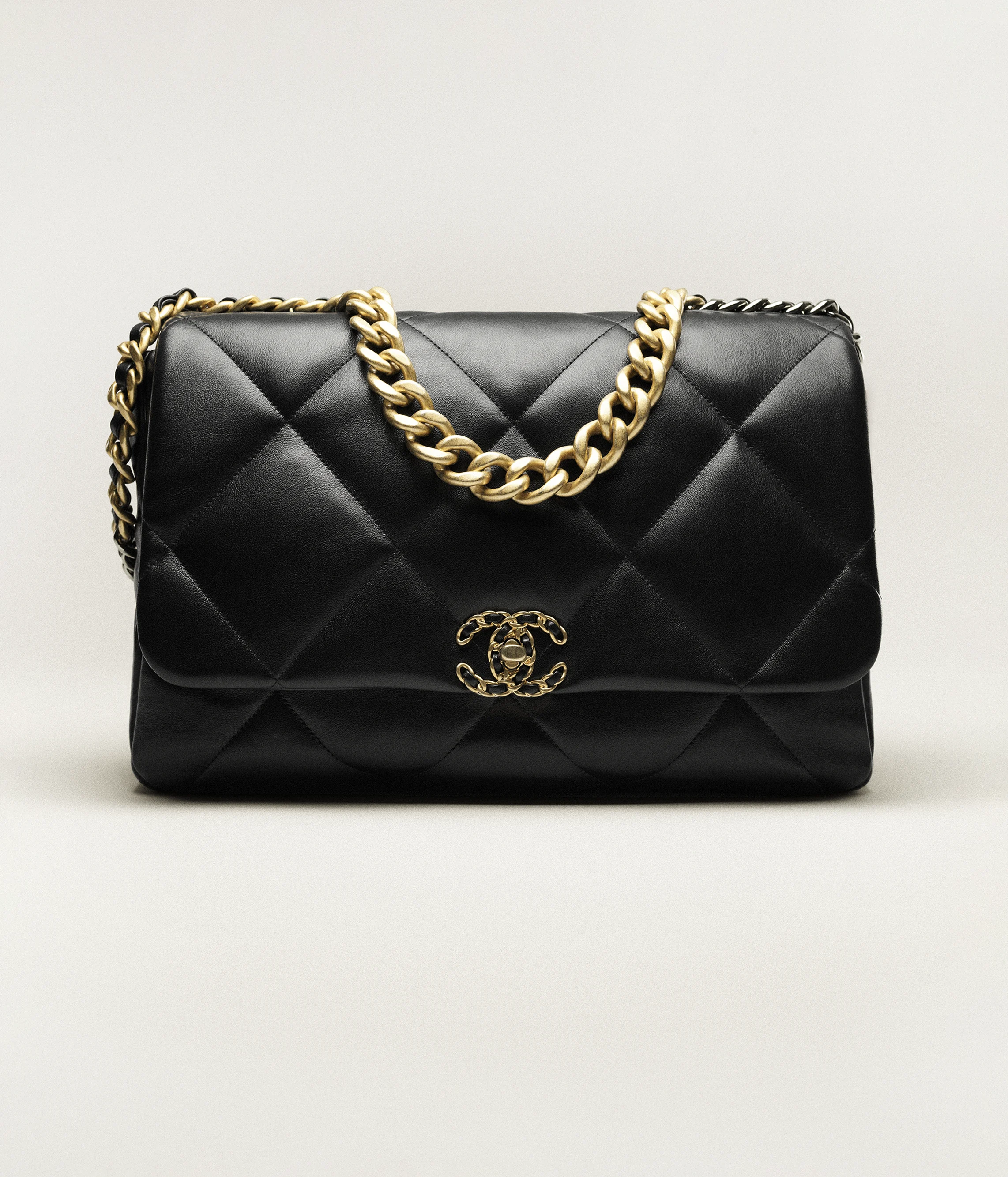 CHANEL 19 Large Handbag Shiny Lambskin, Gold-Tone, Silver-Tone & Ruthenium-Finish Metal Black AS1161-B04852-94305