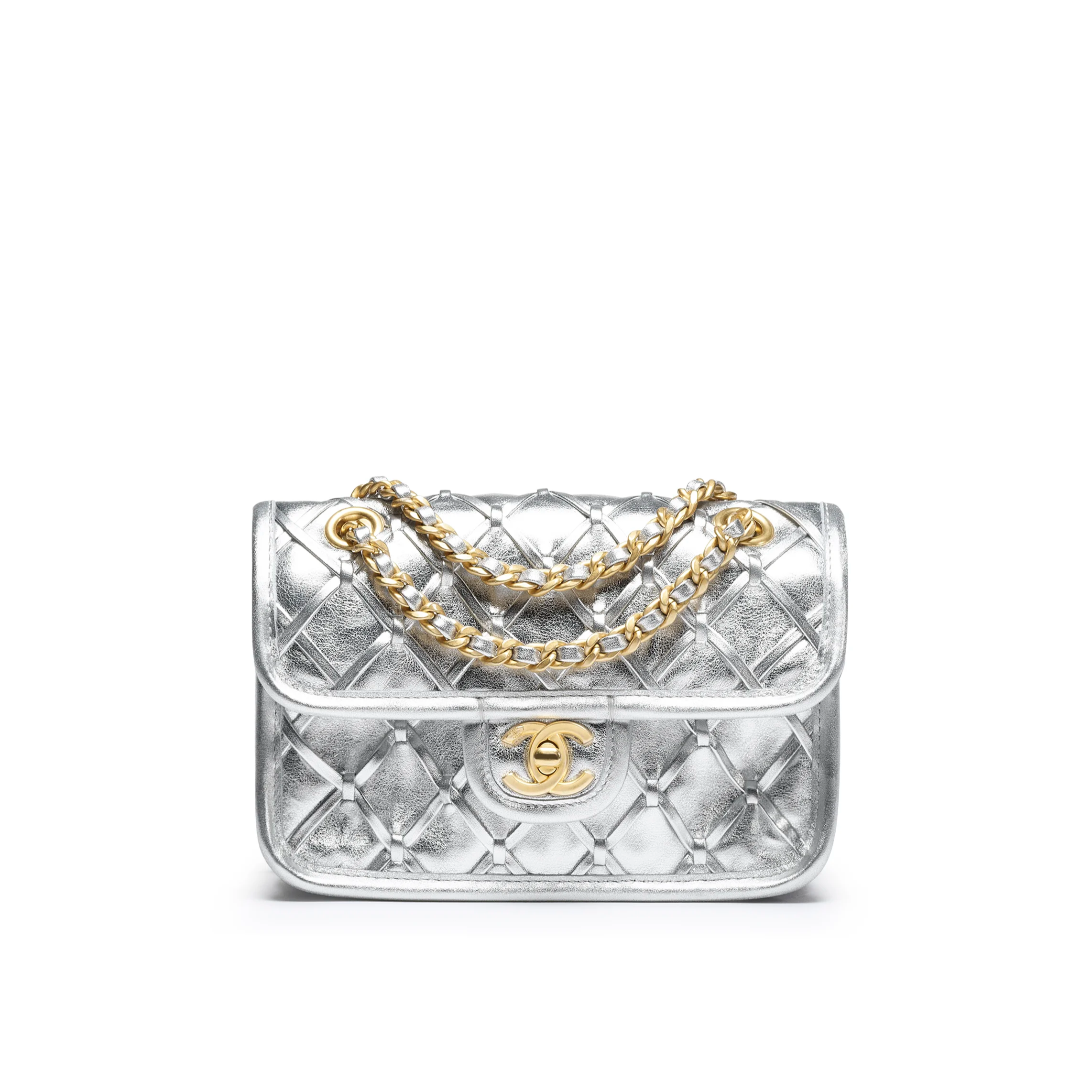 Chanel Mini Flap Bag Metallized Braided Calfskin & Gold-Tone Metal Silvery AS4797-B20071-NL673