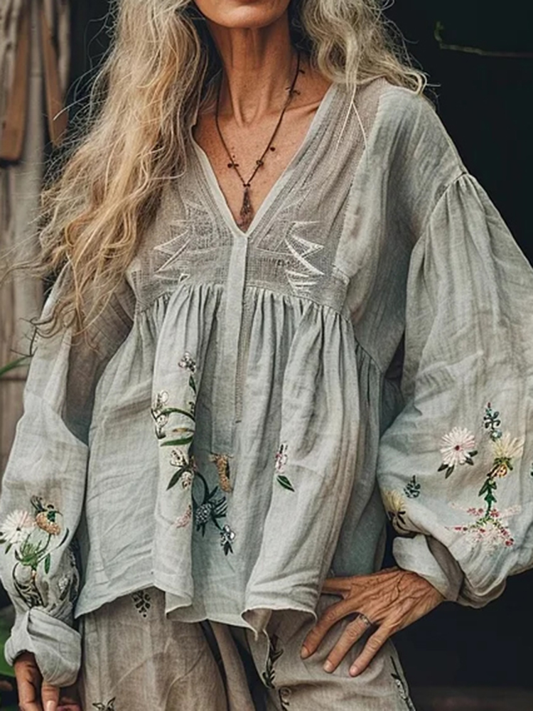 Retro Bohemian Linen Floral Art Print Long Sleeve V-neck Shirt