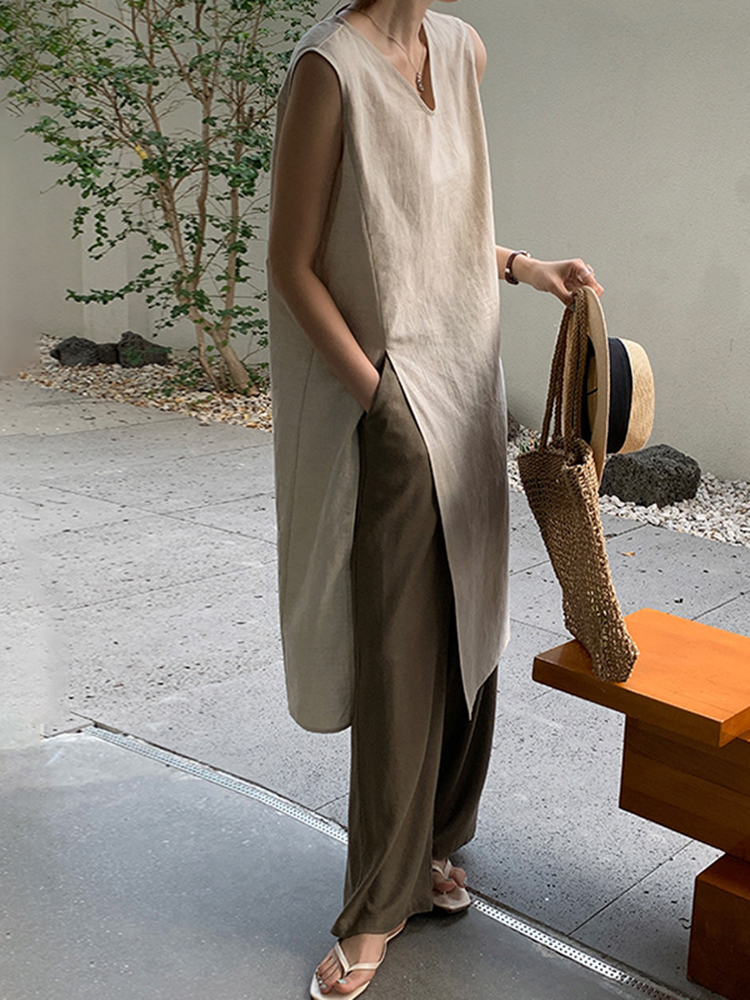 Split Sleeveless Comfy Midi Dress